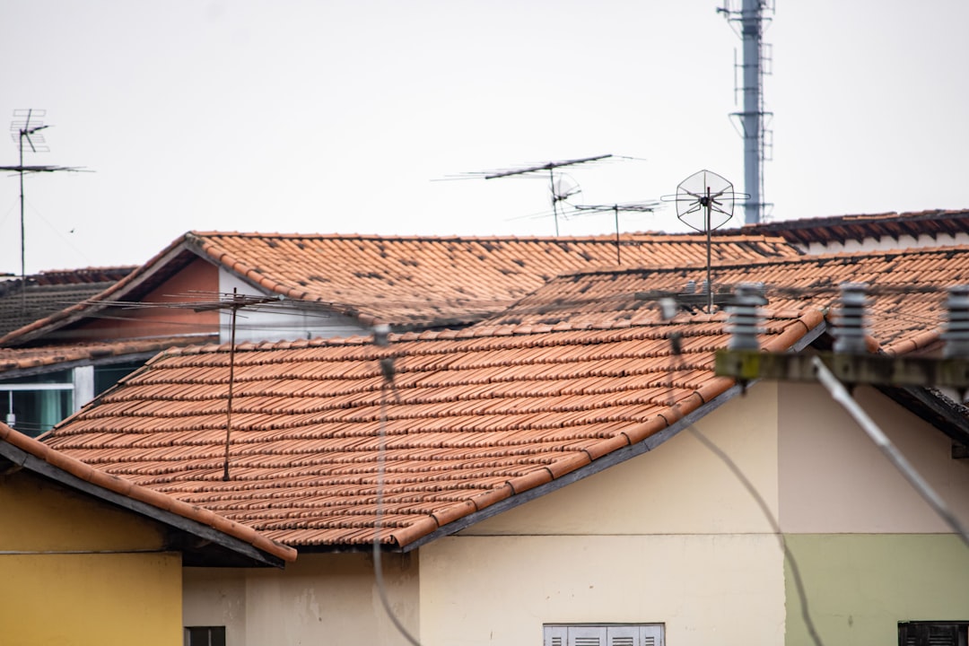 Concerned homeowner stands in front of their house, looking up at a roof damaged by a recent storm under a dramatic, overc...