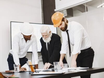 Diverse Team Of Professionals In A Modern, Bright Office Collaborating Over Architectural Blueprints Spread Out On A Large...